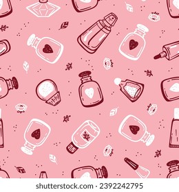 Beauty and Fashion Items. Perfume bottles Seamless Pink Pattern. Vector illustration