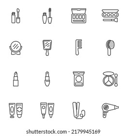 Beauty and fashion line icons set, outline vector symbol collection, linear style pictogram pack. Signs, logo illustration. Set includes icons as make-up cosmetics, hair brush, eye shadow, mirror