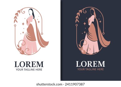 beauty and fashion logo design template, with beautiful indian woman wearing saree dress illustration	