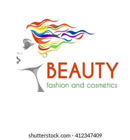 beauty and fashion logo, image of young woman with colorful hair, calm lovely girls face, attractive lady with fluttered hair