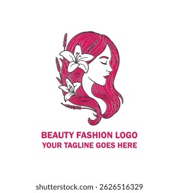 Beauty Fashion Logo with Woman Face and Floral Hair Design – Vector Illustration