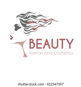 beauty and fashion logo, young woman gray, pink and white image, calm lovely girls face, attractive lady with fluttered hair