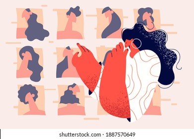 Beauty, Fashion And Online Technologies Concept. Young Stylish Woman Cartoon Character Looking At Different Various Hairstyle At Internet Online Cyber Space And Trying To Choose Best For Herself 