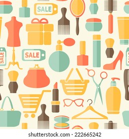 Beauty, fashion, sale and shopping seamless  background with flat icons