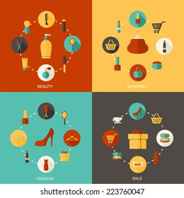 Beauty, fashion, sale and shopping vector background with flat icons