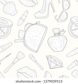 Beauty and Fashion Seamless Pattern, Makeup Products, Cosmetics Hand Drawn Vector Illustration