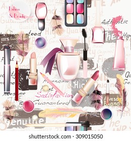 Beauty And Fashion Seamless Pattern From Vector Watercolor Cosmetics Make Up Artists Objects Lipstick, Nail, Perfumes, Eye Shadows Grunge Style