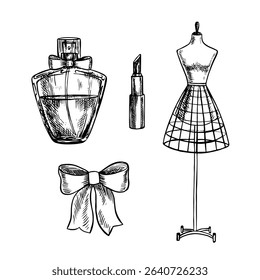 Beleza e moda. Um conjunto de ilustrações. Gráficos desenhados à mão em preto e branco vetoriais. Alfaiate s manequim, perfume, batom, fita arco, isolados em um fundo branco. Elementos do seu design.