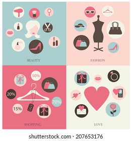 Beauty, fashion, shopping and love icons.