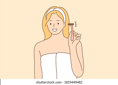 Beauty, fashion, skincare, advertising concept. Young happy smiling woman girl cartoon character standing holding razor looking at camera. Hair depilation ads and cosmetics promotion illustration.