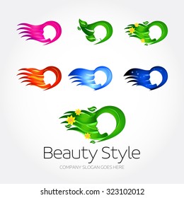Beauty Fashion Spa Logo design templates set. Pink, green leaves and flowers, fire, blue water, night concept versions. Haircut salon, beauty salon, massage, cosmetic and spa.  Make up logotype.
