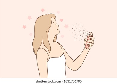 Beauty, fashion, spray, advertising concept. Young happy cheerful smiling beautiful woman girl cartoon character spraying applying perfume with magnificent scent on skin. Cologne ads illustration.