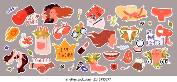 Beauty And Fashion Stickers For Women With Support Phrases Set Vector Illustration. Cartoon Feminism Motivation Symbols Collection With Flowers, Long Hair Woman, Protest Fist And Female Solidarity