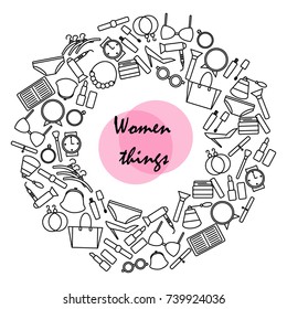 Beauty and fashion vector icon set. Circle of woman things, accessories, cosmetics, dresses on white background