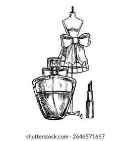 Beleza e moda. Ilustração vetorial, gráficos em preto e branco desenhados à mão. Alfaiate s manequim com um arco na cintura, perfume, batom, elementos para o seu design de banner, cartões postais, convites.
