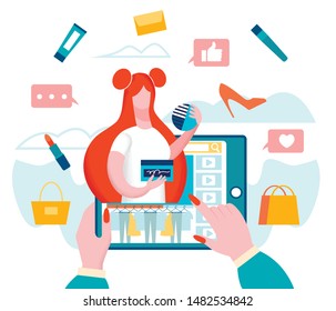 Beauty and Fashion Video Blogger. Girl on Youtube Video. Advertising Content Creator. Video Marketing. Womans Hands Hold Tablet. Blog Management. Getting Likes and Money with Youtube. Vector EPS 10.