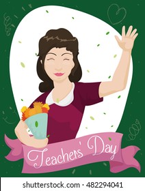 Beauty female educator receiving a bouquet of flowers from her students in Teachers' Day celebration.