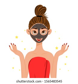 Beauty female face with cosmetic mask. Cartoon style. Vector illustration