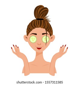 Beauty female face with cucumber mask. Cartoon style. Vector illustration