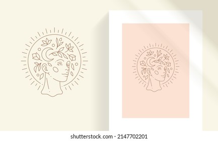 Cara femenina de belleza con flores en la línea de la cabeza estilo de arte ilustración vectorial. Mujer bohemia con decoración floral en el dibujo lineal de la cabeza para la decoración de afiches y emblemas de logotipo o la impresión de moda.