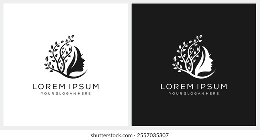 Beauty Female Face And Natural Tree Branch Logo Design Vector Template