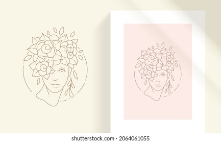 Hembra de belleza con flor flor en línea de cabeza estilo de ilustración vectorial. Mujer bohemia con estampado lineal de flor para la decoración de afiches y emblemas de logo o estampado de moda.