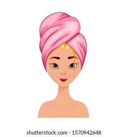 Beauty female head with a towel on her hair. Cartoon style. Vector illustration