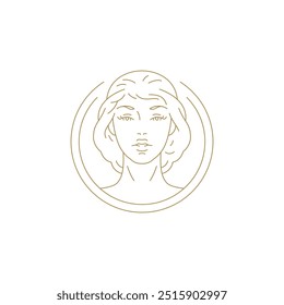 Beauty female model portrait in golden circle frame line art icon vector illustration. Gentle woman face luxury emblem logo for coiffure fashion stylist cosmetology wellness spa salon