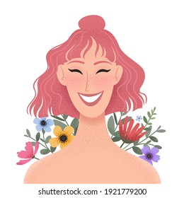 Beauty female portrait decorated with colorful flowers. Smiling young woman avatar. Girl with pink hair. Vector illustration