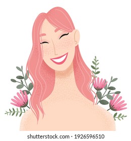 Retrato femenino de belleza decorado con flores rosas. Vártaro de una joven asiática sonriente. Chica con pelo rosado. Ilustración del vector