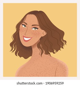 Beauty female portrait. Elegant woman avatar. Girl with freckles. Vector illustration