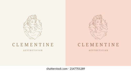 Beauty female portrait with floral decor logo emblem design template vector illustration in minimal line art style. Linear woman face silhouette for beauty salon logotype or cosmetology brand insignia