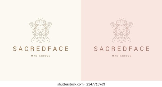 Beauty female portrait with floral decor logo emblem design template vector illustration in minimal line art style. Linear woman face silhouette for beauty salon logotype or cosmetology brand insignia