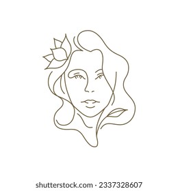 Retrato femenino de belleza con flor de loto en el pelo mínimo de línea de arte ilustración vectorial de la línea continua. Mujer gentil romántica cara floral flor botánica monocromo icono lineal para cosmético orgánico