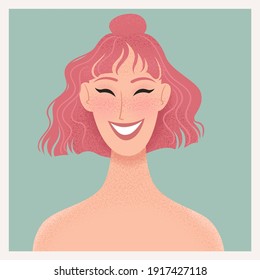 Beauty female portrait. Smiling young woman avatar. Girl with pink hair. Vector illustration