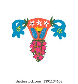 Beauty Female Reproductive System with Blooming Flowers, Uterus and Womb Woman Healthy Organs Vector Illustration