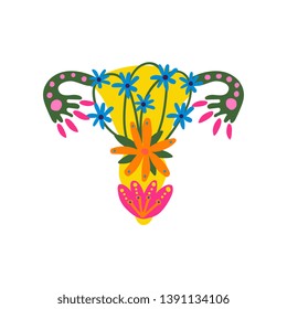 Beauty Female Reproductive System with Blooming Flowers, Uterus and Womb Woman Organs Vector Illustration