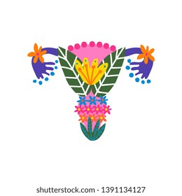 Beauty Female Reproductive System with Bright Flowers and Plants, Uterus and Womb Organs Made of Blooming Flowers Vector Illustration