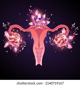 Beauty female reproductive system with flowers and crystals. Hand drawn uterus, womb female reproductive sex organ and flowers.Vector illustration.