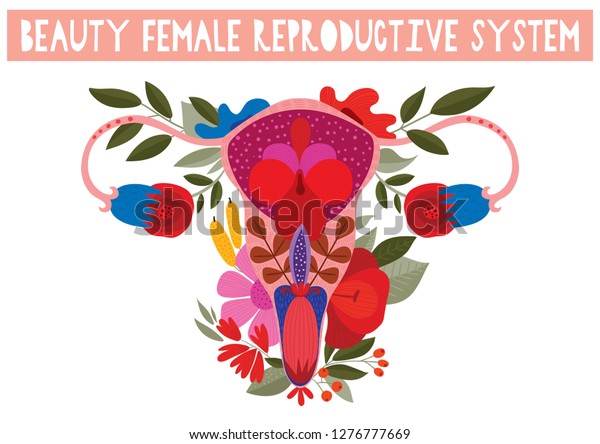 Beauty female reproductive system with\
flowers. Hand drawn uterus, womb female reproductive sex organ and\
flowers.Vector\
illustration.