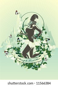 beauty female silhouette on tropical floral background