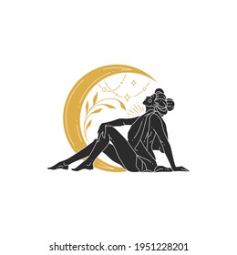 Beauty female sitting with moon crescent and stars silhouette. Bohemian female vector illustration for wall art poster print template. Magic women concept design.
