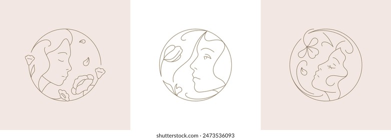 Beauty female smell natural organic flower in golden circle frame line art logo set vector illustration. Elegant botanical woman with floral plant contour design for cosmetics brand emblem and poster