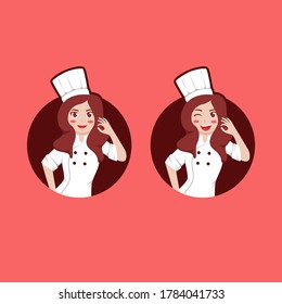 Beauty female woman chef logo character mascot with expression set with ok hand pose