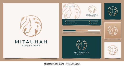 Beauty feminine women face logo design and business card. Luxury branding logo for cosmetics, skin care, salon and spa.