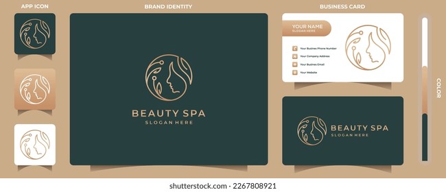 Beauty feminine women face logo design and business card. Luxury branding logo for cosmetics, skin care, salon and spa.