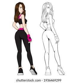 Beauty fitness girl in sport ware and gloves looking back on white background, view from the back, color and outline illustration.