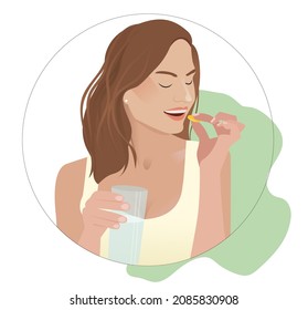 Beauty flat illustration, round, for actual stories. The girl takes vitamins, dietary supplements and drinks water from a glass. Beautiful health vector illustration.