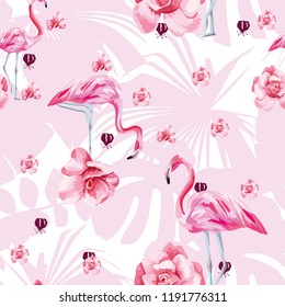 Beauty flat vector bird pink flamingo and flowers roses seamless pattern on the tropical leaves background. Trendy hand drawn bright art illustration