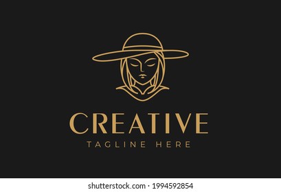 Beauty Floppy Hat Logo Design. Illustration von bewundernswerten Frauen tragen Floppy Hat Line Art. Vector Design.